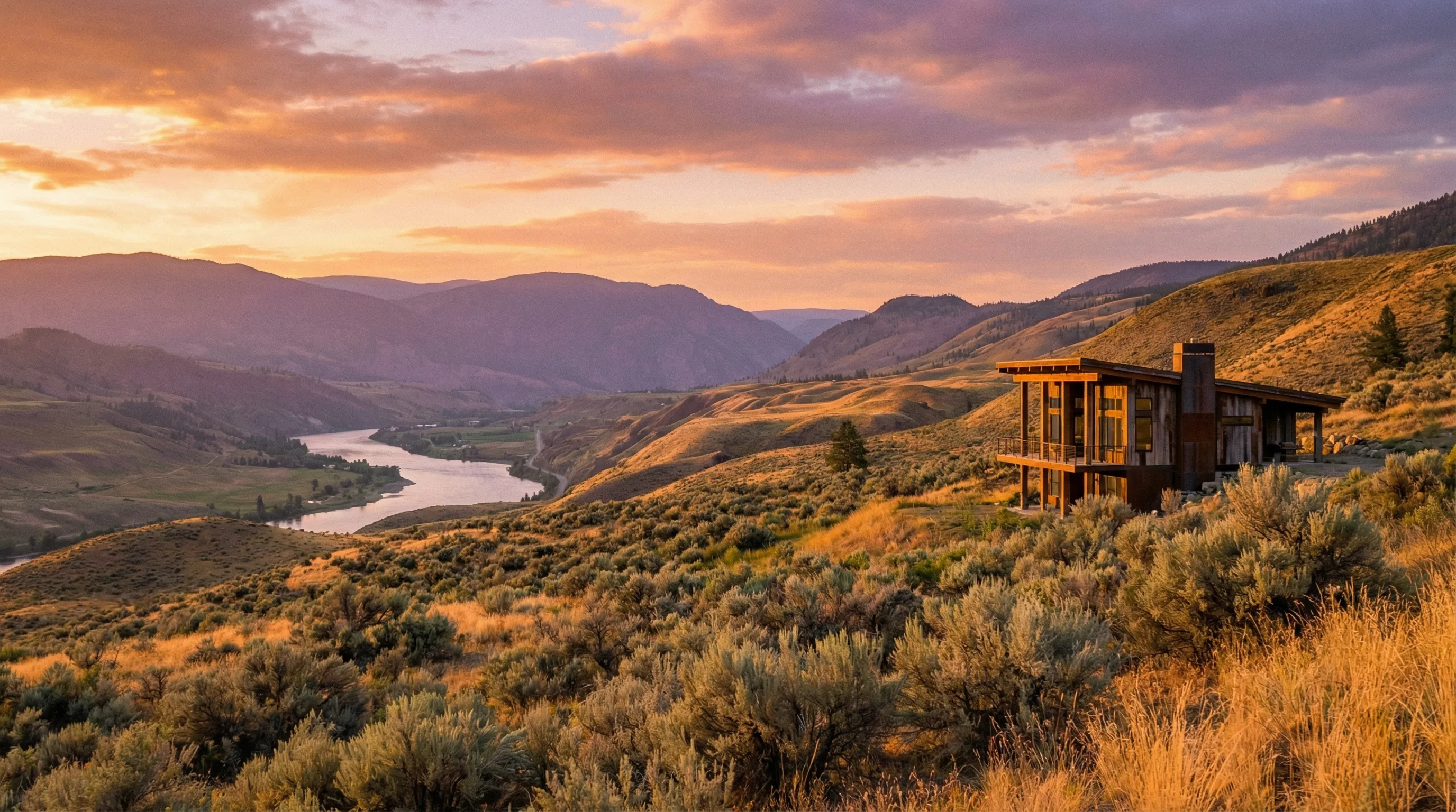 Panoramic view of Kamloops real estate landscape at sunset
